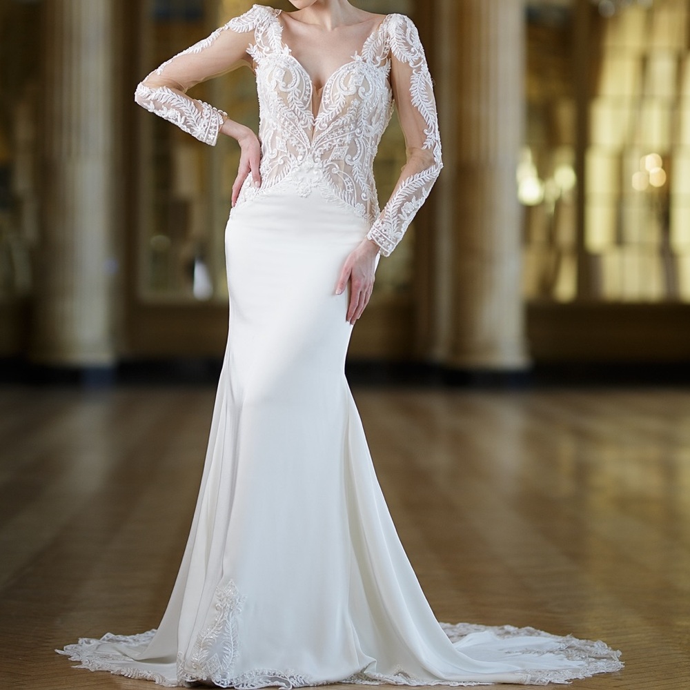 Adornato Couture One Of A Kind Long Sleeve Lace Bodice Crepe Bottom